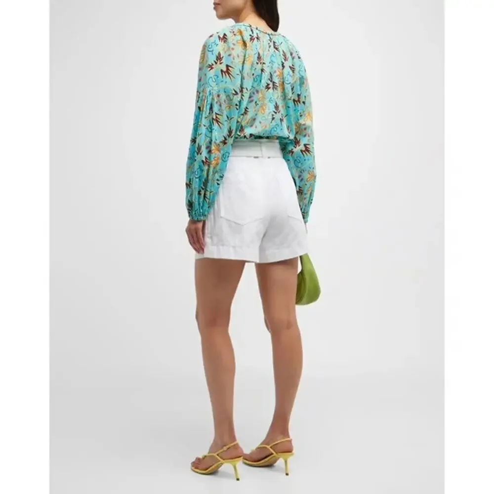 ALC Tropical Cotton Blouse Balloon Sleeve Turquoise 12 Resort Vacation Cruise - Picture 16 of 16